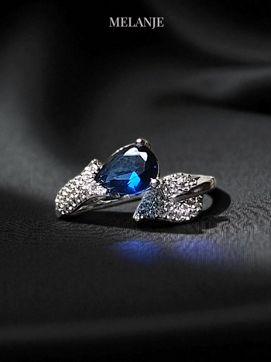 Sapphire Blue Pear-Shaped Crystal Leaf Ring