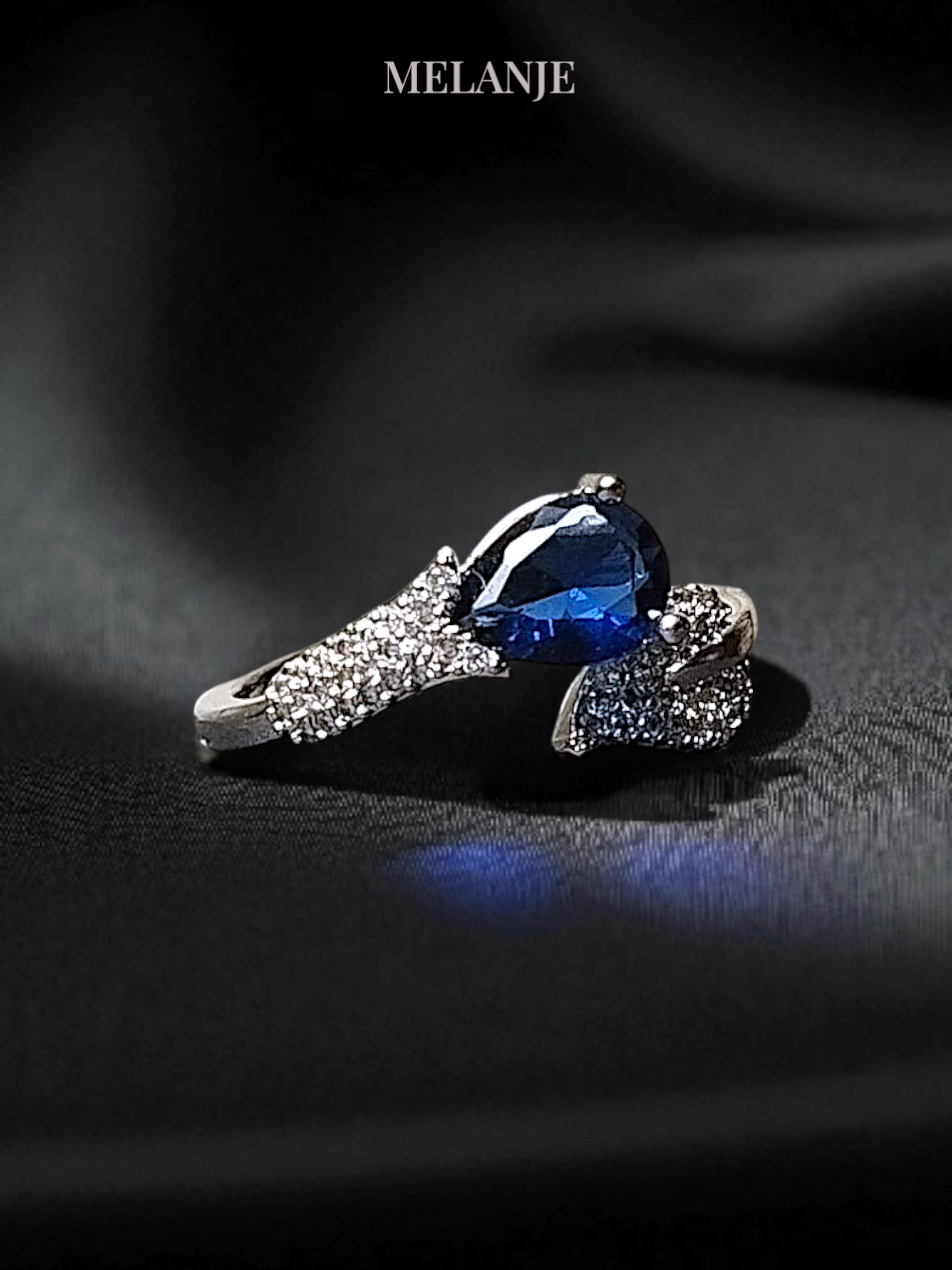 Sapphire Blue Pear-Shaped Crystal Leaf Ring