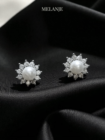 Sunflower Pearl Silver Stud Earrings