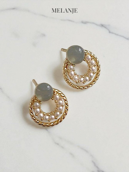 Minimalist Grey Stone Pearl Stud Earrings