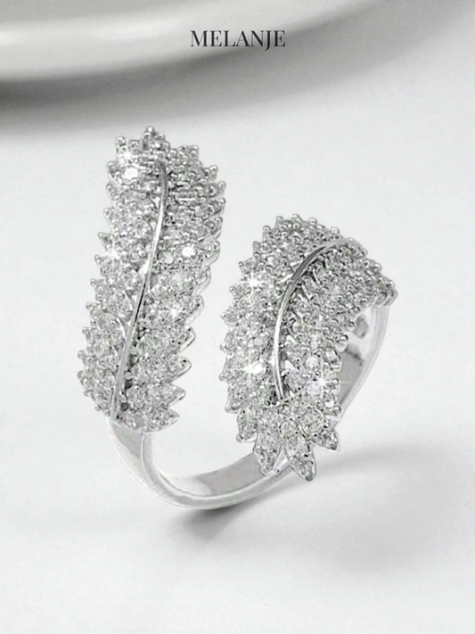Bypass Leaf Design Cubic Zirconia Silver Wedding Ring