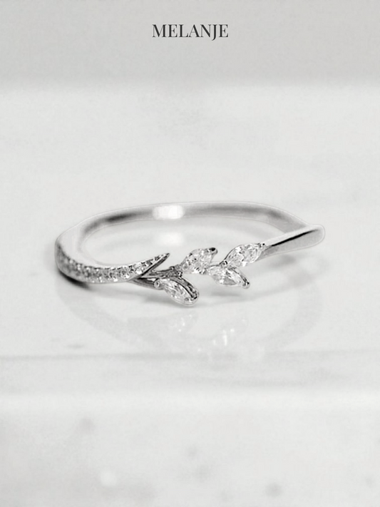 Dainty Leaf Design Cubic Zirconia Silver Ring