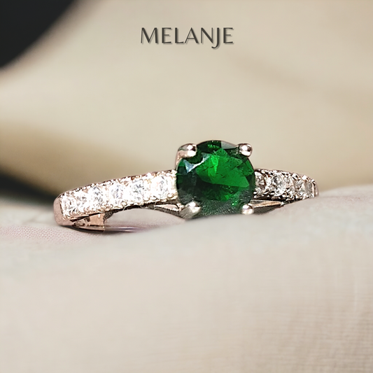 Emerald Round Solitaire Crystal White Cubic Zirconia Sterling Silver Adjustable Ring