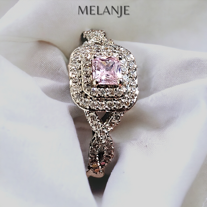 Pink Solitaire Crystal White Cubic Zircon Twisted Cut Square Sterling Silver Adjustable Ring