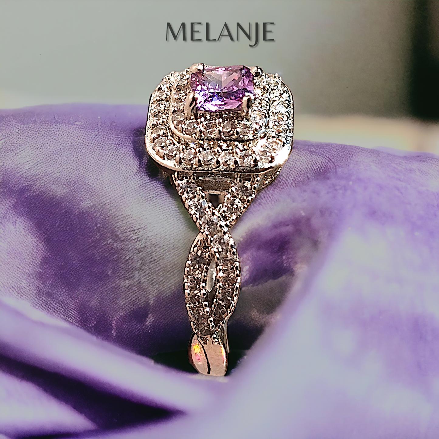 Soft Purple Solitaire Crystal Twisted-Cut White Cubic Zirconia Square Adjustable Ring