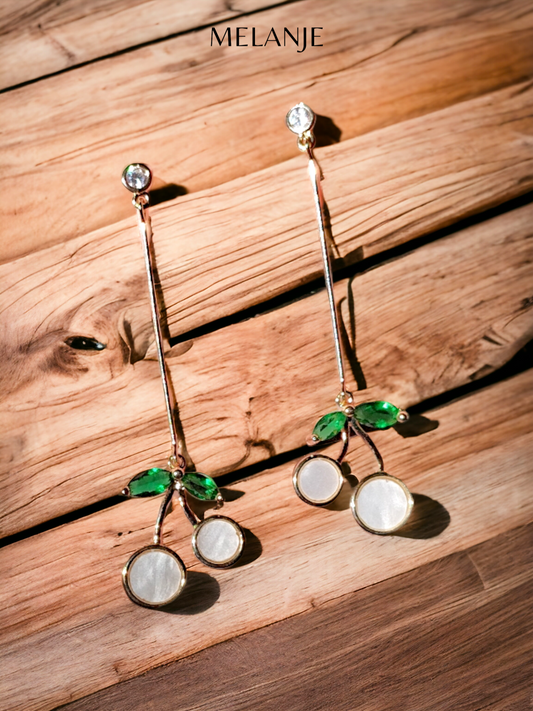 Gold Plated Green Crystal Leaves Dangling Cherry Earrings