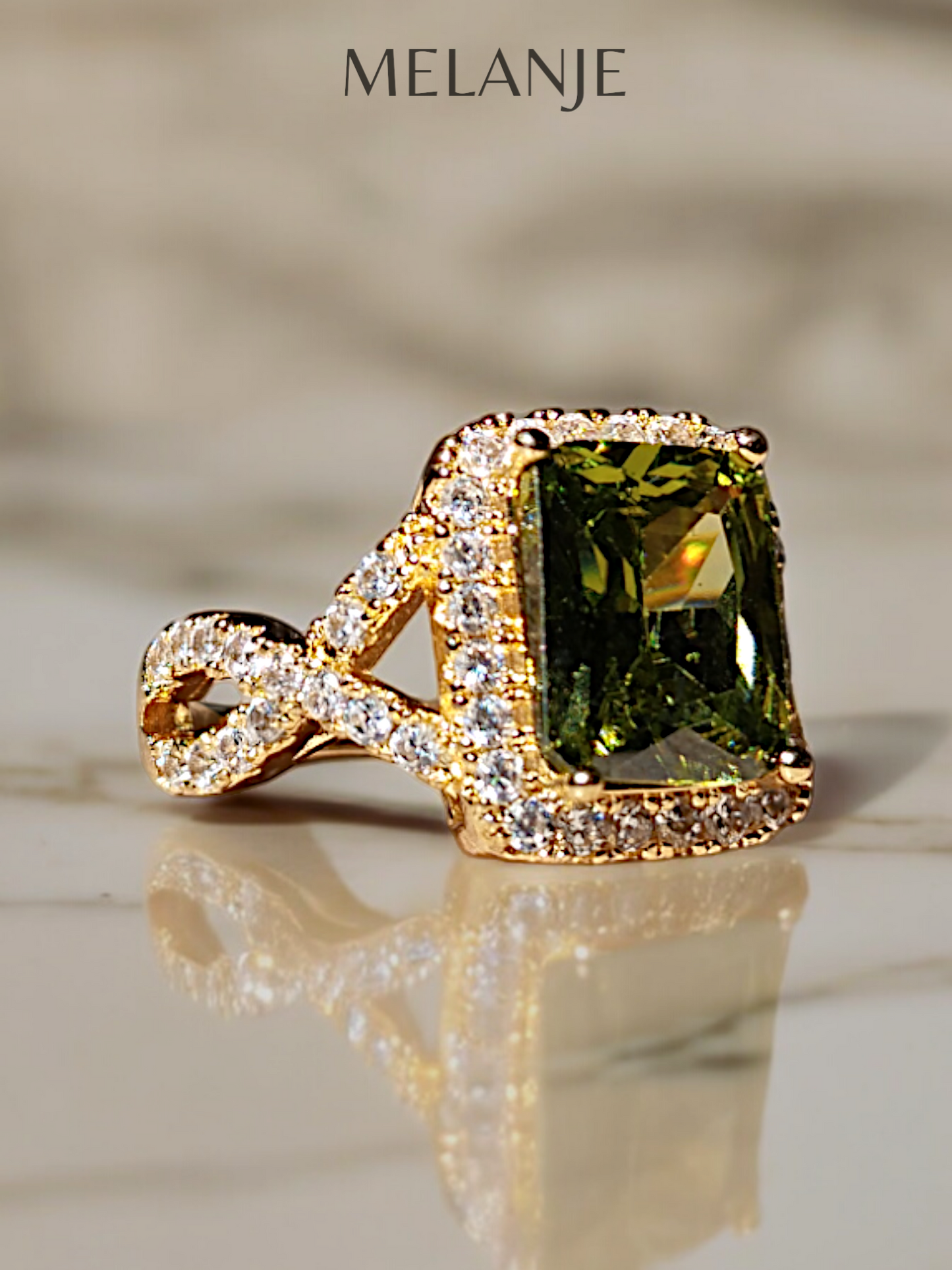 1K Gold Plated Olive Green Crystal Cubic Zirconia Twisted Cut Ring
