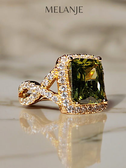 1K Gold Plated Olive Green Crystal Cubic Zirconia Twisted Cut Ring