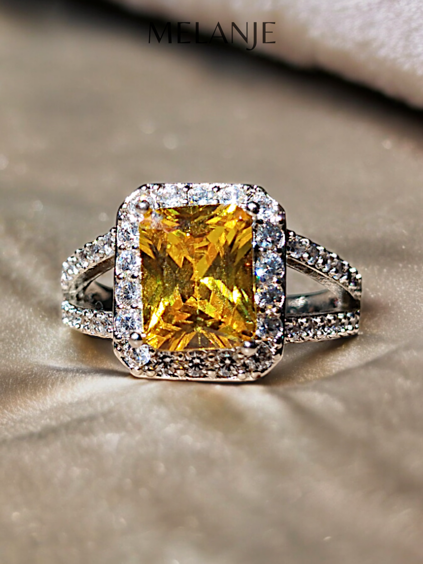 Bright Yellow Crystal Sterling Silver Cubic Zirconia Split Shank Ring