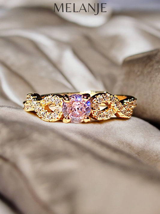 1K Gold Plated Light Pink Solitaire Crystal Twisted-Cut Cubic Zirconia Adjustable Ring