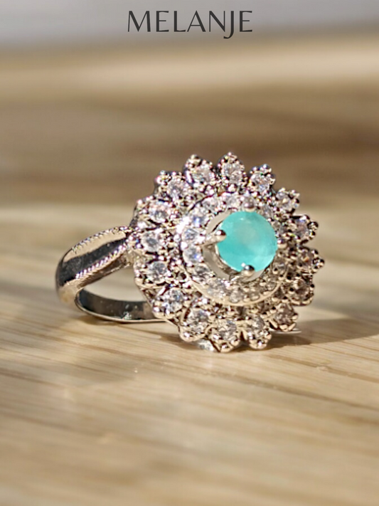 Sterling Silver Ocean Blue Solitaire Crystal Cubic Zirconia Daisy Ring