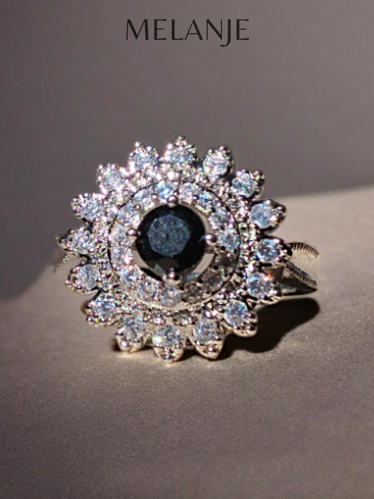 Sterling Silver Black Solitaire Crystal Cubic Zirconia Daisy Ring