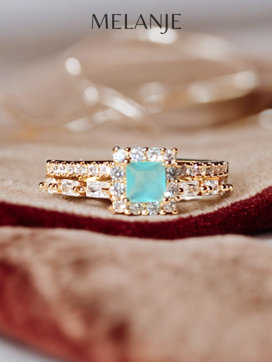 Light Turquoise Square Crystal Double Row Design Cubic Zirconia Adjustable Gold Ring