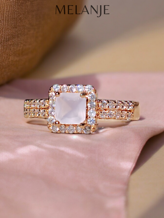 Baby Pink Square Crystal Double Row Design Cubic Zirconia Adjustable Gold Ring