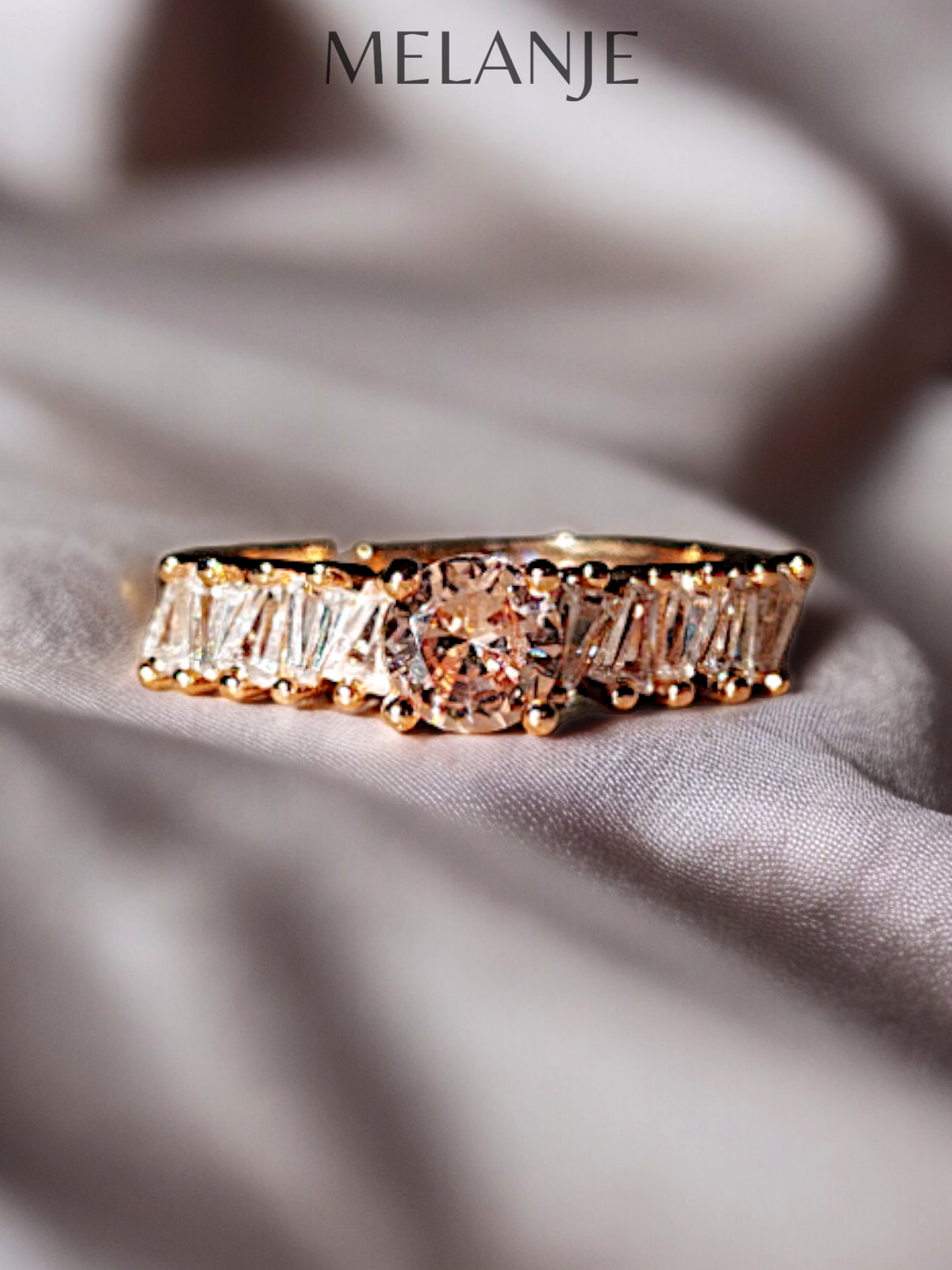 Champagne Solitaire Crystal White Cubic Zircon Zig-Zag Pattern Adjustable Gold Ring