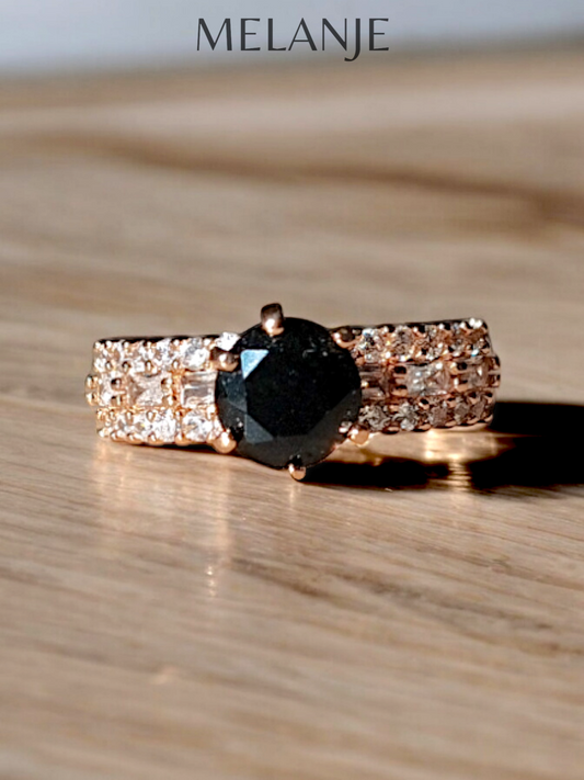 Black Solitaire Crystal Three Row Cubic Zirconia Design Adjustable Gold Ring