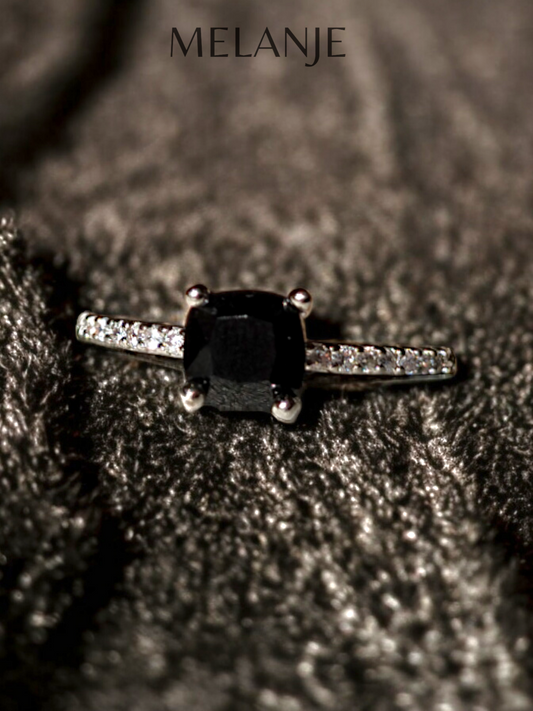 Black Square Solitaire Crystal White Cubic Zirconia Sterling Silver Adjustable Ring