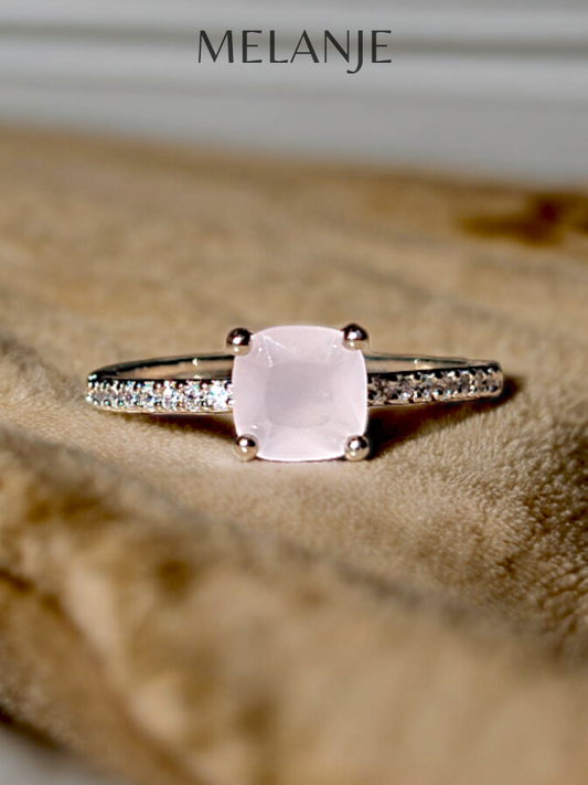 Baby Pink Square Solitaire Crystal White Cubic Zirconia Sterling Silver Adjustable Ring