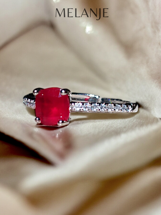 Ruby Red Square Solitaire Crystal White Cubic Zirconia Sterling Silver Adjustable Ring