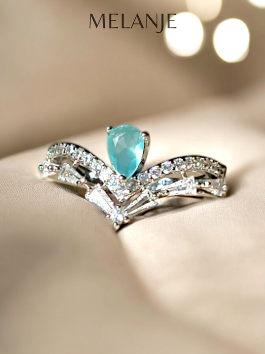 Pear Shaped Powder Blue Crystal Sterling Silver Negative V Design Adjustable Crown Ring