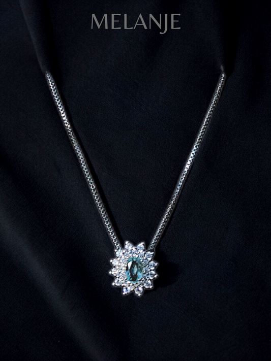 Aquamarine Oval Crystal Sterling Silver Cubic Zirconia Flower Pendant Necklace