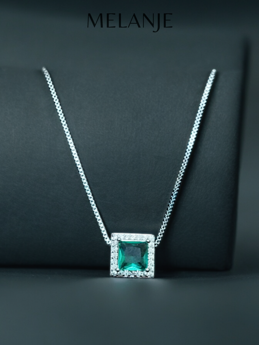 Teal Square Crystal White Cubic Zirconia Sterling Silver Pendant Necklace