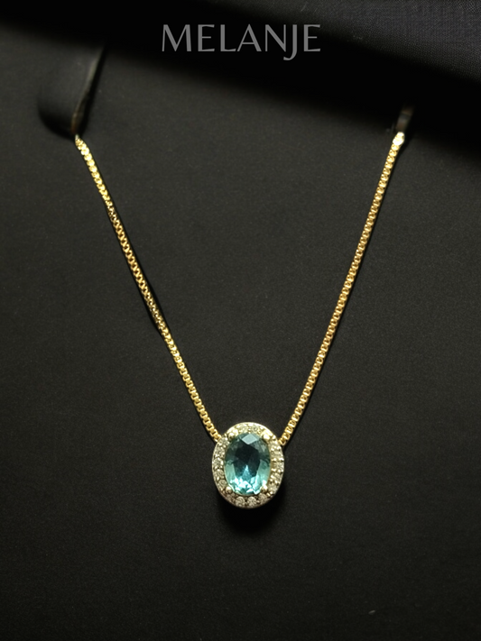 Light Blue Crystal White Cubic Zirconia Sterling Silver Gold Plated Oval Pendant Necklace