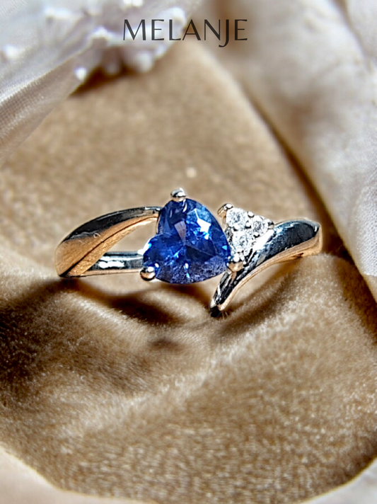 Heart Shaped Blue Crystal Three Cubic Zirconia Design Sterling Silver Engagement Ring