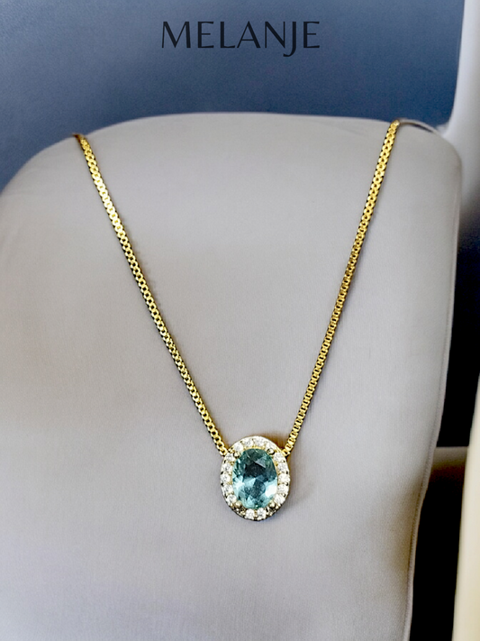 Light Blue Crystal White Cubic Zirconia Sterling Silver Gold Plated Oval Pendant Necklace