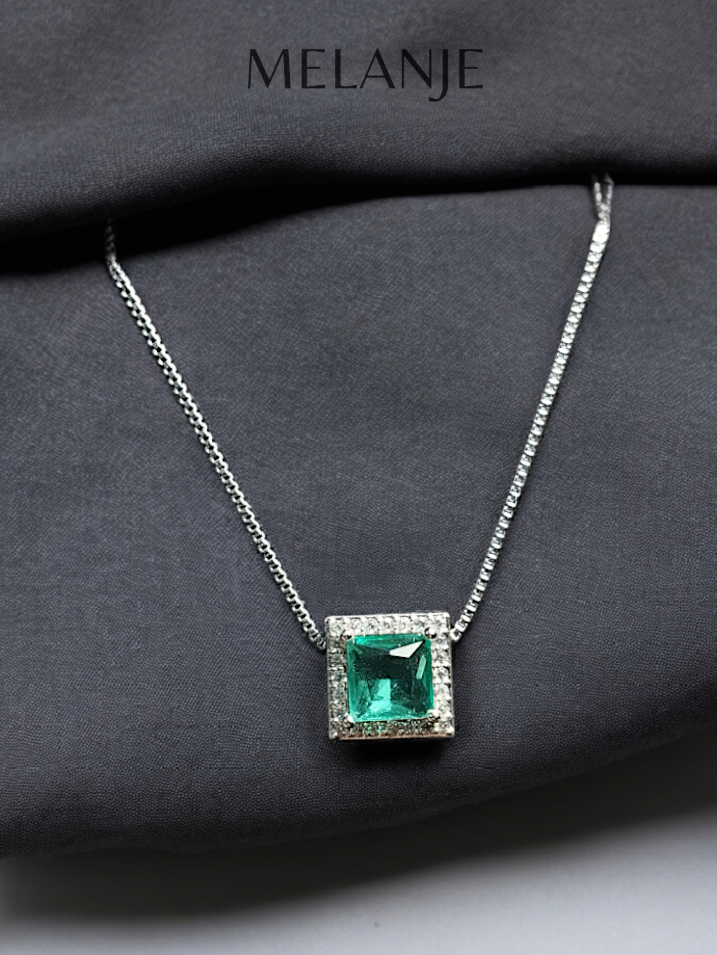 Teal Square Crystal White Cubic Zirconia Sterling Silver Pendant Necklace