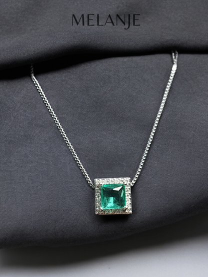 Teal Square Crystal White Cubic Zirconia Sterling Silver Pendant Necklace