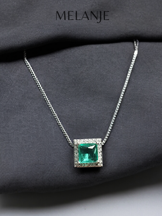 Teal Square Crystal White Cubic Zirconia Sterling Silver Pendant Necklace