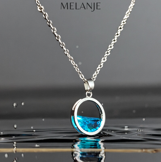 Sterling Silver Light Blue Semi-Circle Crystal Stainless Steel Wave Pendant Necklace