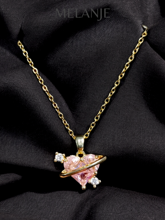 Pink Heart Shaped Zircon Sterling Silver Celestial Gold Pendant Necklace