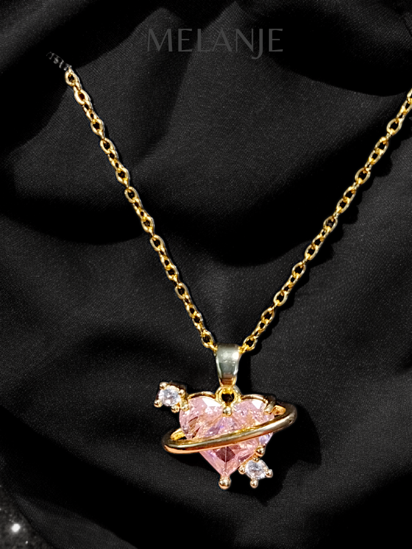 Pink Heart Shaped Zircon Sterling Silver Celestial Gold Pendant Necklace