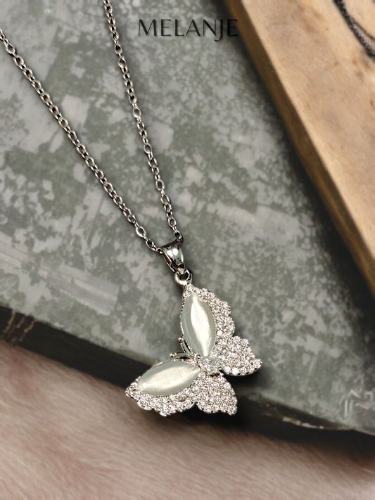 Sterling Silver & Stainless Steel Cubic Zirconia & Marble Luxury Butterfly Pendant Necklace