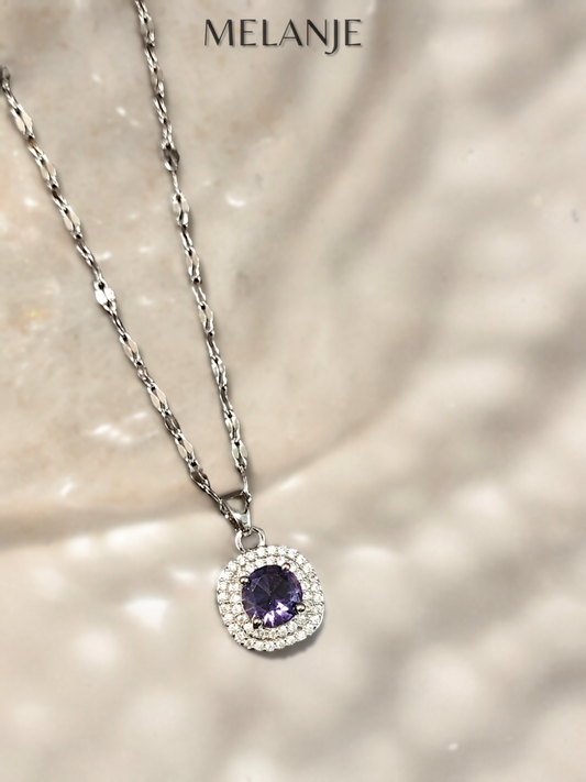 Amethyst Round Crystal Sterling Silver Clear Cubic Zirconia Halo Pendant Necklace