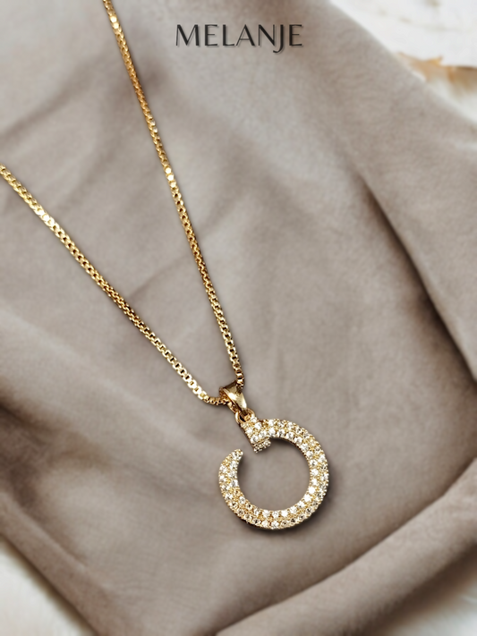 Cubic Zirconia Pave Encrusted Sterling Silver Gold Nail Round Pendant Necklace