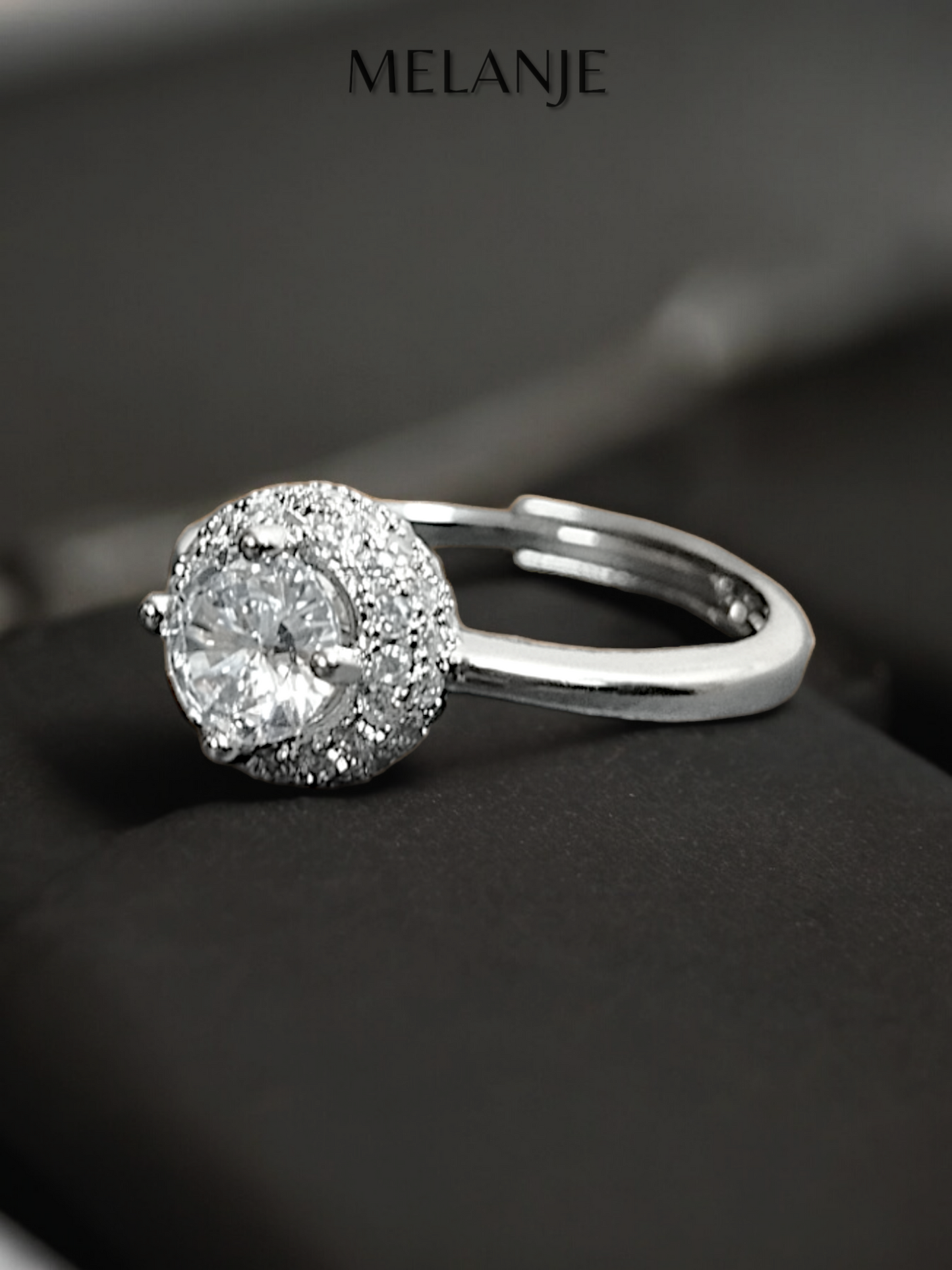 Round Clear Solitaire Crystal Stacked Cubic Zirconia Sterling Silver Halo Adjustable Engagement Ring