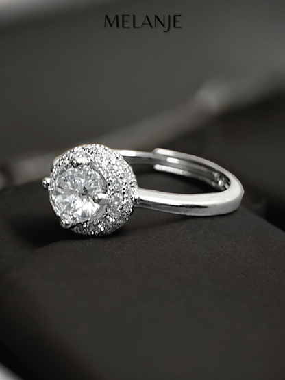 Round Clear Solitaire Crystal Stacked Cubic Zirconia Sterling Silver Halo Adjustable Engagement Ring