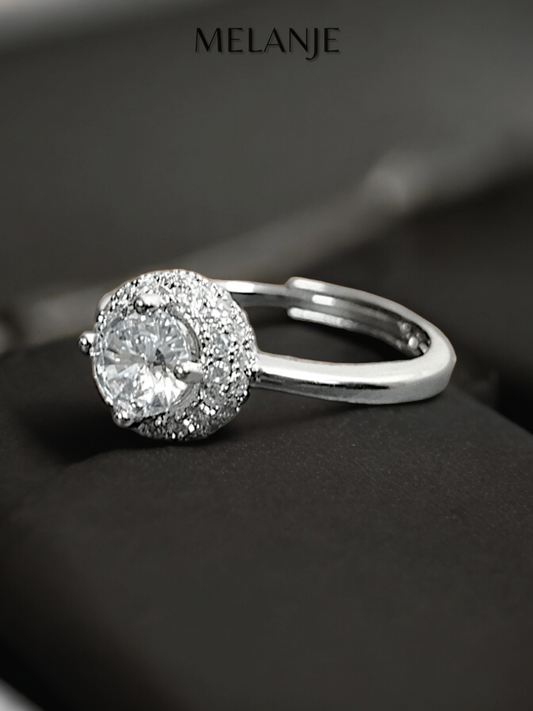 Round Clear Solitaire Crystal Stacked Cubic Zirconia Sterling Silver Halo Adjustable Engagement Ring