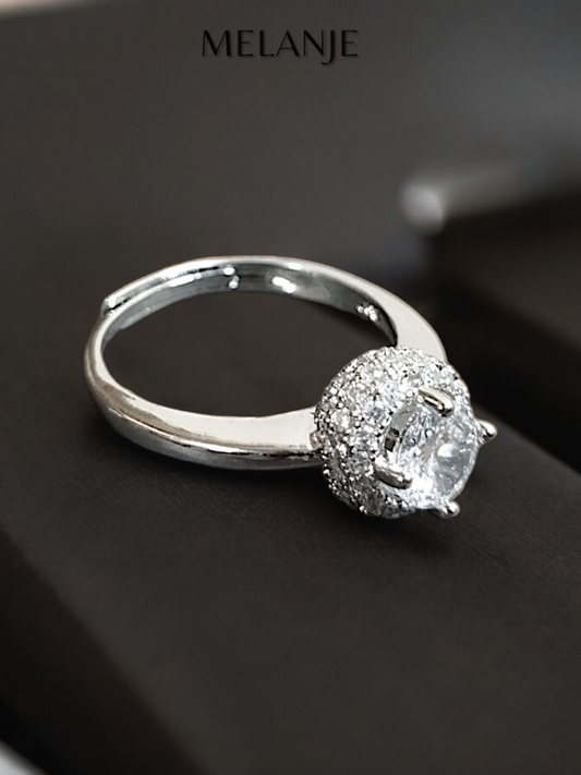 Round Clear Solitaire Crystal Stacked Cubic Zirconia Sterling Silver Halo Adjustable Engagement Ring