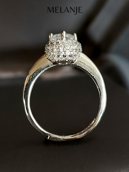 Round Clear Solitaire Crystal Stacked Cubic Zirconia Sterling Silver Halo Adjustable Engagement Ring