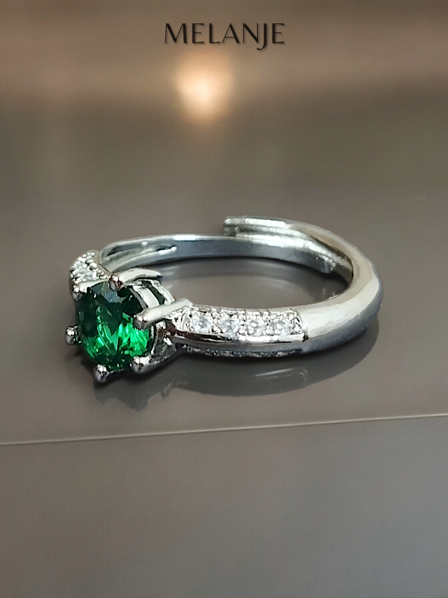 Emerald Round Solitaire Crystal Double Row Cubic Zirconia Design Sterling Silver Adjustable Promise Ring