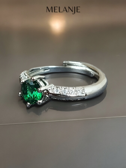 Emerald Round Solitaire Crystal Double Row Cubic Zirconia Design Sterling Silver Adjustable Promise Ring