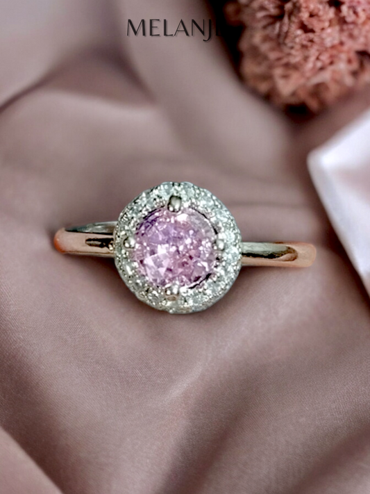 Round Light Pink Solitaire Crystal Stacked Cubic Zirconia Sterling Silver Halo Adjustable Engagement Ring