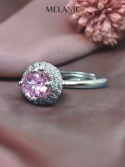 Round Light Pink Solitaire Crystal Stacked Cubic Zirconia Sterling Silver Halo Adjustable Engagement Ring