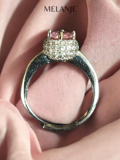 Round Light Pink Solitaire Crystal Stacked Cubic Zirconia Sterling Silver Halo Adjustable Engagement Ring
