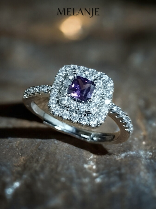 Soft Purple Solitaire Square Crystal Double Cushion Cut Cubic Zirconia Adjustable Ring