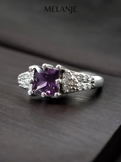 Amethyst Solitaire Square Crystal White Cubic Zirconia Sterling Silver Princess Cut Adjustable Ring